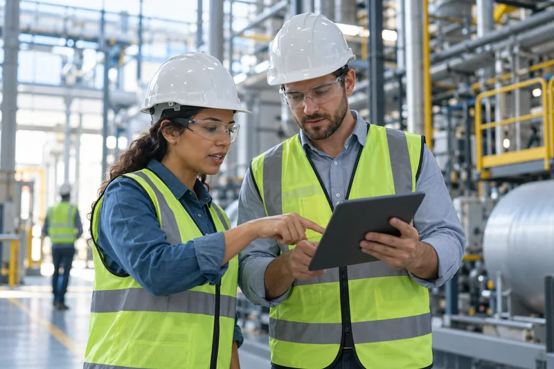 Equipe de segurança do trabalho acompanhando informações em um ambiente industrial